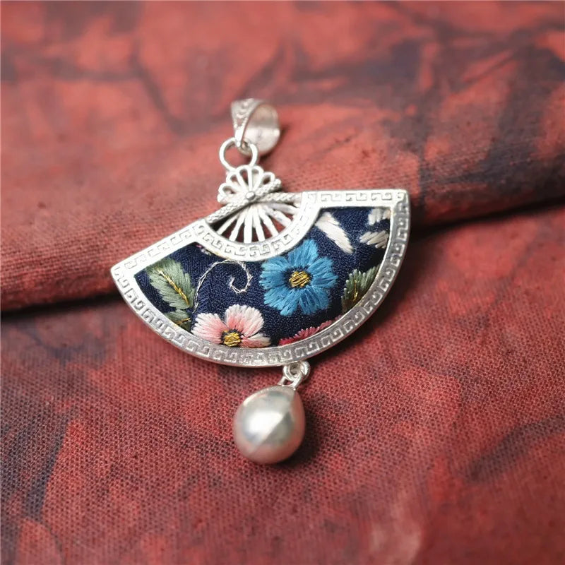 Vintage ethnic style embroidery, old embroidery, wax printing, fan-shaped silver pendant jewelry