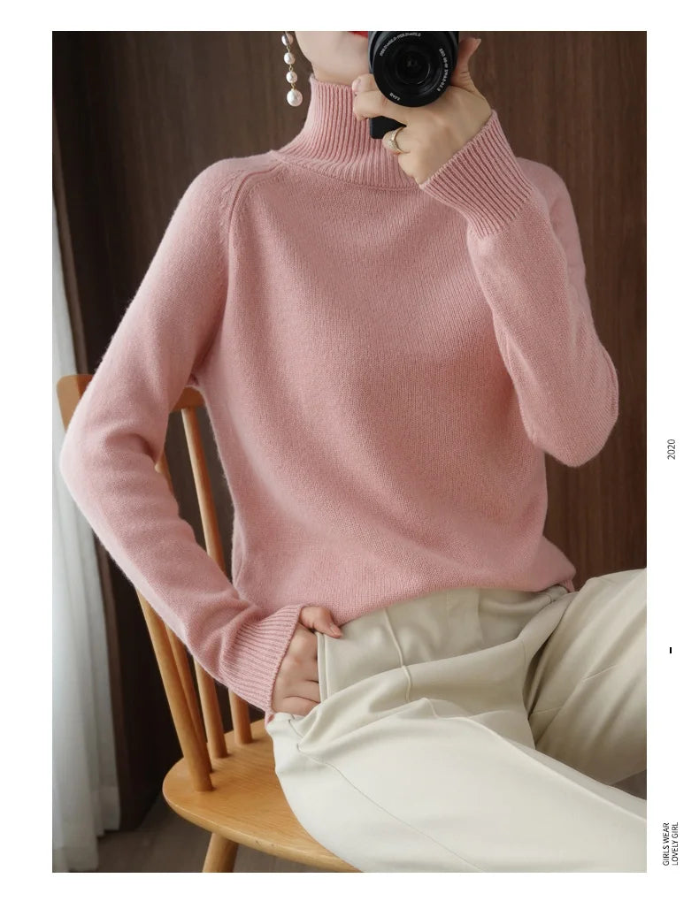 Fashion Basic Autumn Winter  Merino Wool Sweater Mock Neck Cashmere Pullover  Solid Color Soft Long Sleeve Clothing Tops