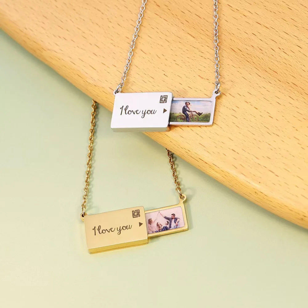 Personalized Stainless Steel Photo Necklace Custom Engrave Love You Color Photo Pendant Jewelry 2014 Couple Gift Valentines Gift