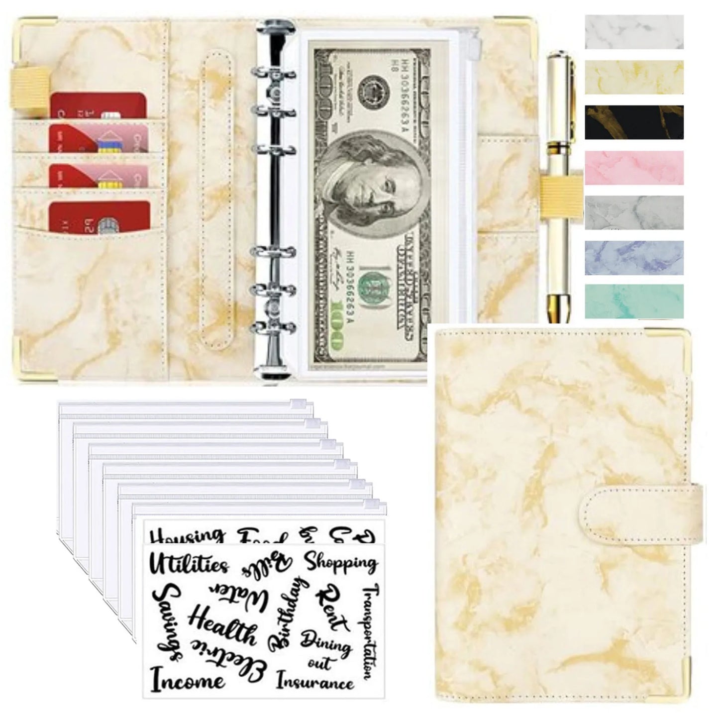 A6 Money Saving Organizer PU Leather Budget Binder Marble Notebook Budgets Planner 2023 Envelope Office School Supplies Valentines Gift