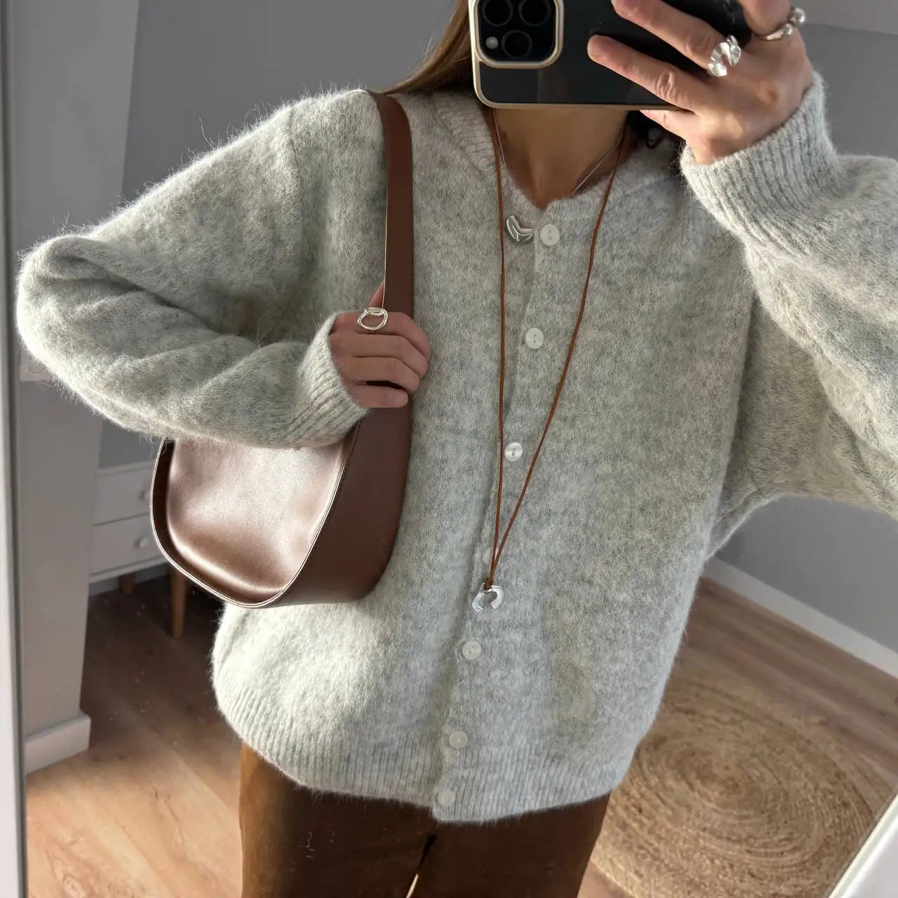 Hirsionsan Elegant Long Sleeve Sweater Women 2024 New Single-Breasted Female Casual Cardigan Soft Cashmere Knitted Outwear