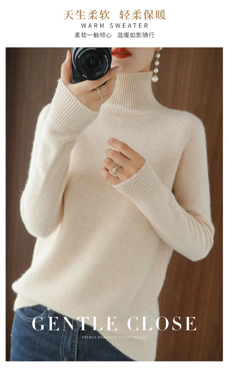 Fashion Basic Autumn Winter  Merino Wool Sweater Mock Neck Cashmere Pullover  Solid Color Soft Long Sleeve Clothing Tops