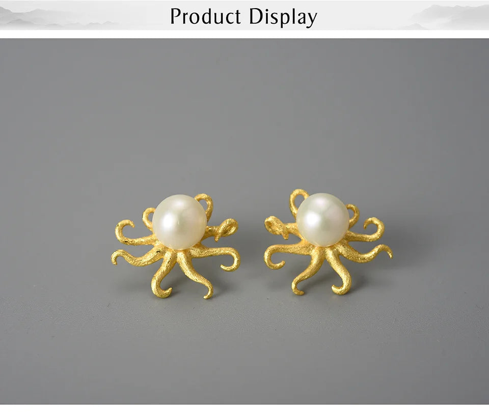 Lotus Fun Creative Octopus Natural Pearl Stud Earrings for Women Real 925 Sterling Silver Original Statement Luxury Fine Jewelry