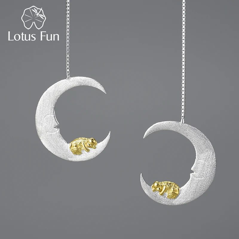 Lotus Fun Sweet Dream Little Puppy and Moon Long Dangle Earrings For Women Gift Real 925 Sterling Silver Dog Luxury Fine Jewelry