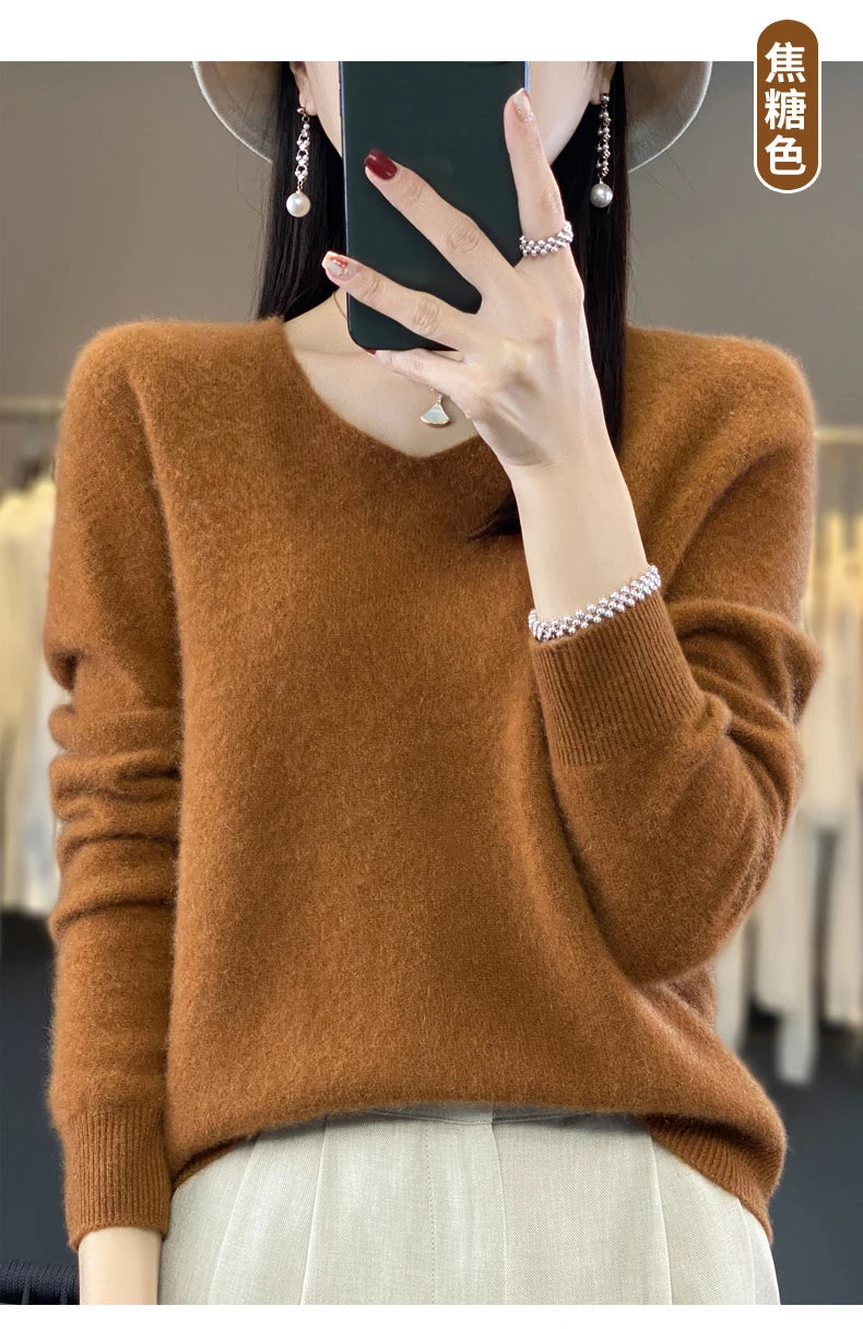 100% pure wool cashmere sweater women's V-neck pullover casual knit top autumn and winter women's coat Korean fashion