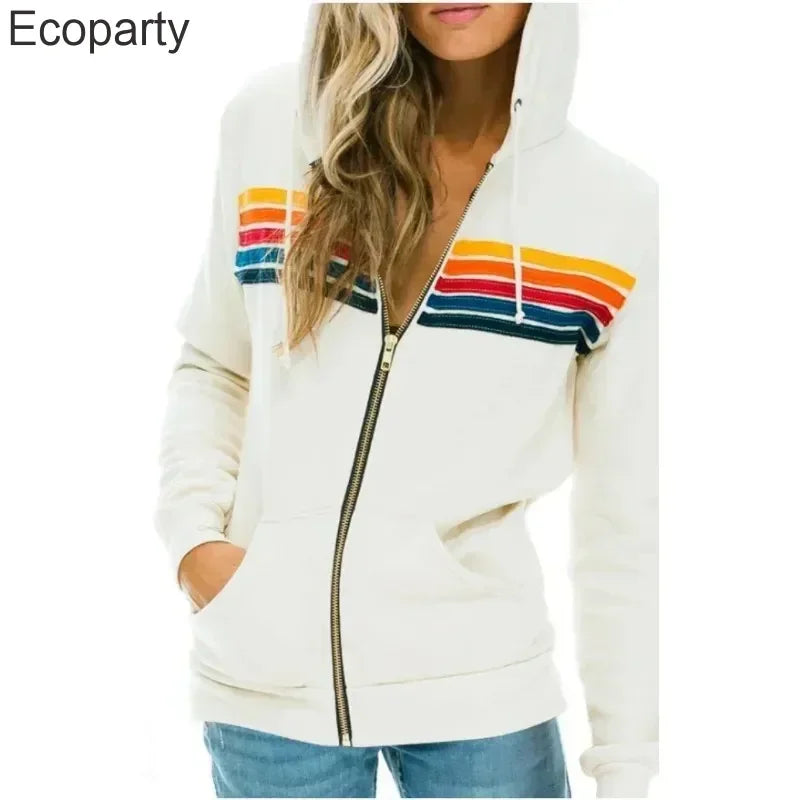 Autumn Unisex Women's Aviator Nation Long Sleeve Hooded Sweatshirts Casual Zipper 5 Stripe Rainbow Hoodies Jacket Coat