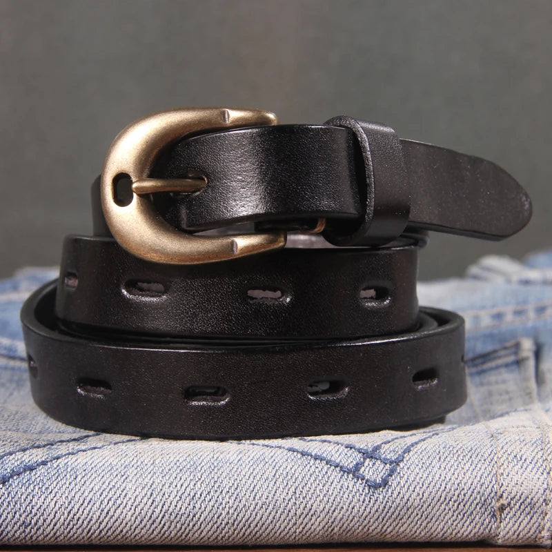 Retro Genuine Leather Women's Belt Pure Copper Button Western Cowboy Style Luxury Brands Jeans Belt Fashion Luxury Women Belt