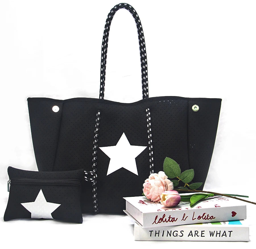 New Arrival Hot Selling Neoprene Tote Bag Wholesale Women Large Shopping Handbags Perforated Neoprene Beach Bag For Women