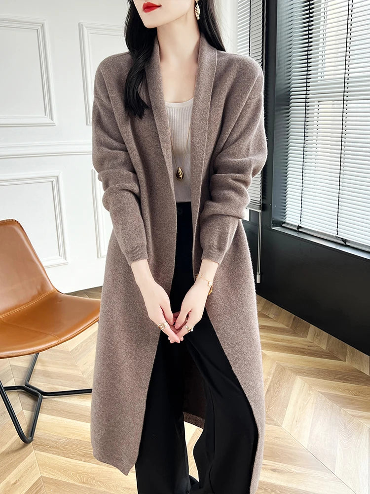 2024 Women Long Cardigan Cashmere Sweater Spring Autumn Winter Office Lady Loose Coat 100% Merino Wool Knitwear Korean Fashion