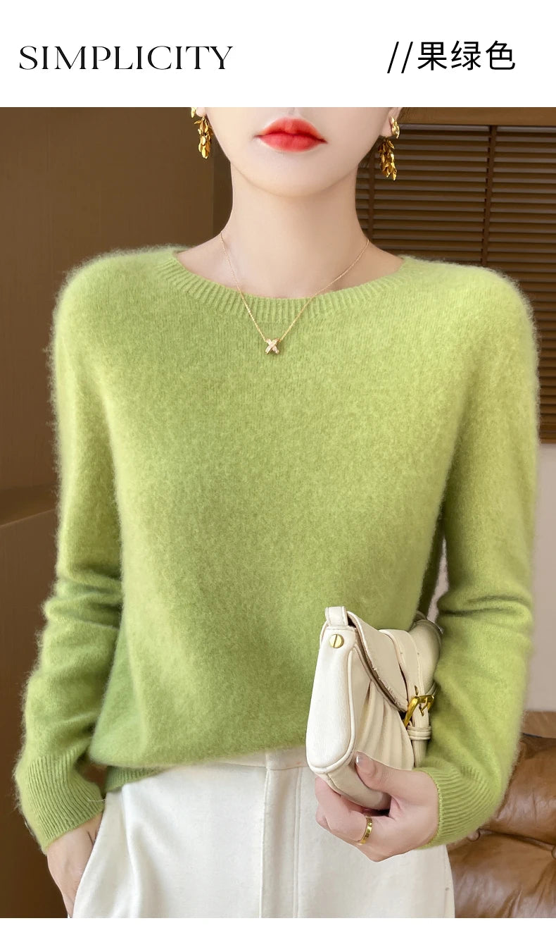 Autumn Winter Women Clothing O-Neck Pullover 100% Merino Wool Sweater New Fashion Cashmere Tops Bottoming Long Sleeve Knitwear