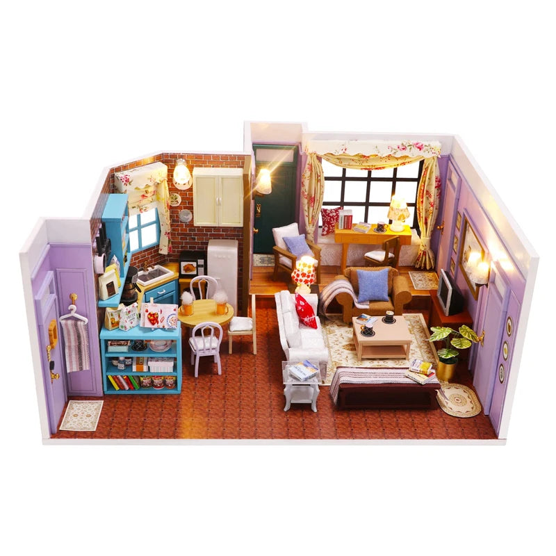 DIY Wooden Joey‘s Apartment Casa Miniature Building Kits Bookend With Lights Assembled Bookshelf Home Decoration Friends Gifts