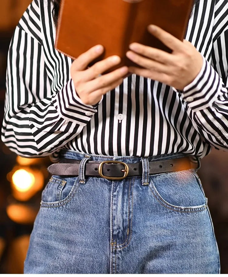 Retro Narrow Genuine Leather Women's Belt Pure Copper Button Western Cowboy Style Versatile Jeans Belt Fashion Luxury Women Belt