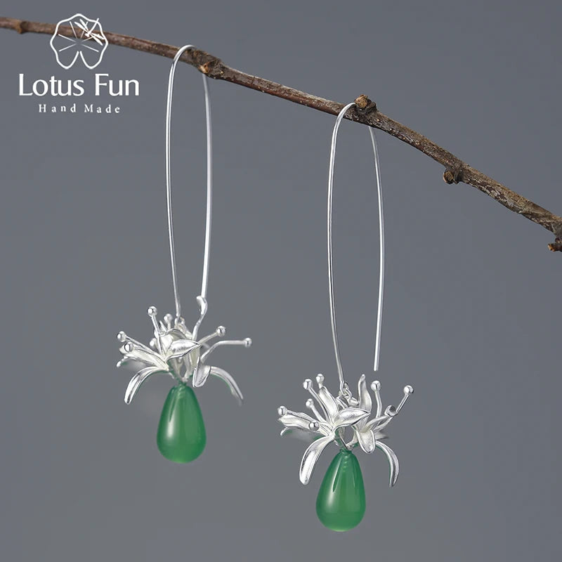 Lotus Fun Natural Gemstone Long Unusual Red Spider Lily Flower Dangle Earrings for Women 925 Sterling Silver Luxury Fine Jewelry