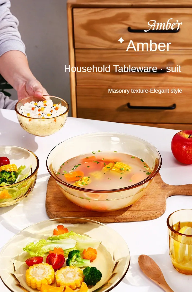 Glass bowl, high temperature resistant household large microwave oven special tableware, amber noodle salad bowl