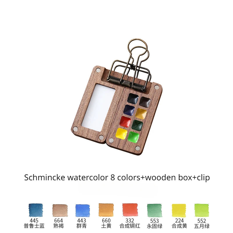 Portable Travel Watercolor Set Schmincke Watercolor 8 Colors Mini Walnut Paint Box Sketchbook Student Outing Art Supplies