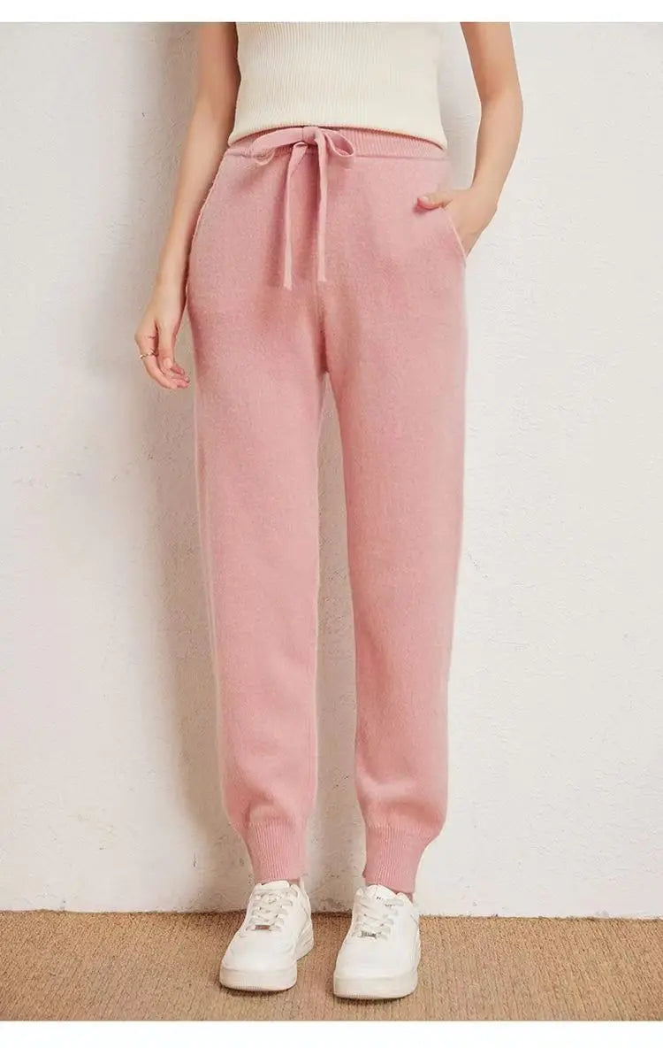 Women's 100% Wool Knitted Trousers, Casual Sports Sweatpants, Korean Version, Small Leg Pants, Female Cashmere Pants, Fashion