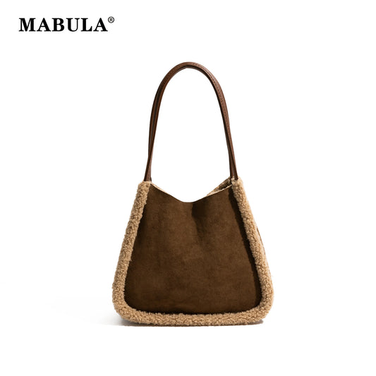 MABULA Large Capacity Lamb Wool Totes Bag Contrast Color Faux Suede Shoulder Bags Portable Large Capacity Commuter Tote Bag