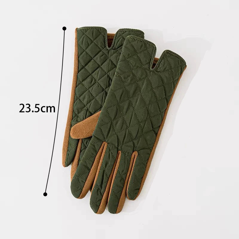 Women's Contrasting Suede Leather Plus Velvet Thicken Touch Screen Driving Warm Gloves For Sports Winter Outdoor Ski Coldproof