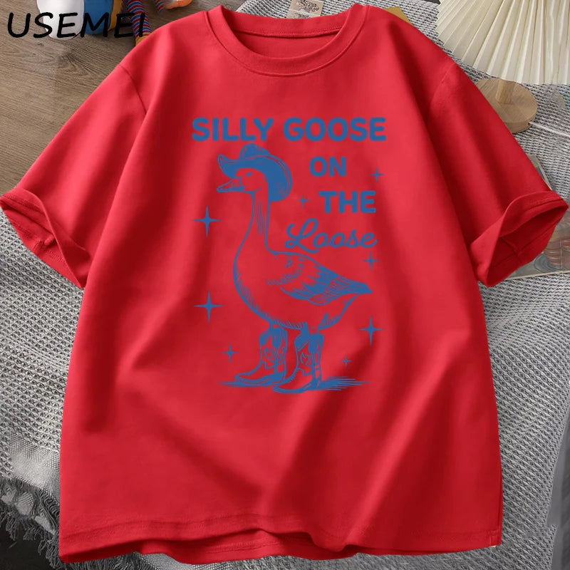 Silly Goose on The Loose T Shirts for Men Women Funny Cowgirl Western Tee Shirt 90s Fashion Round Neck Graphic T-shirt Clothes