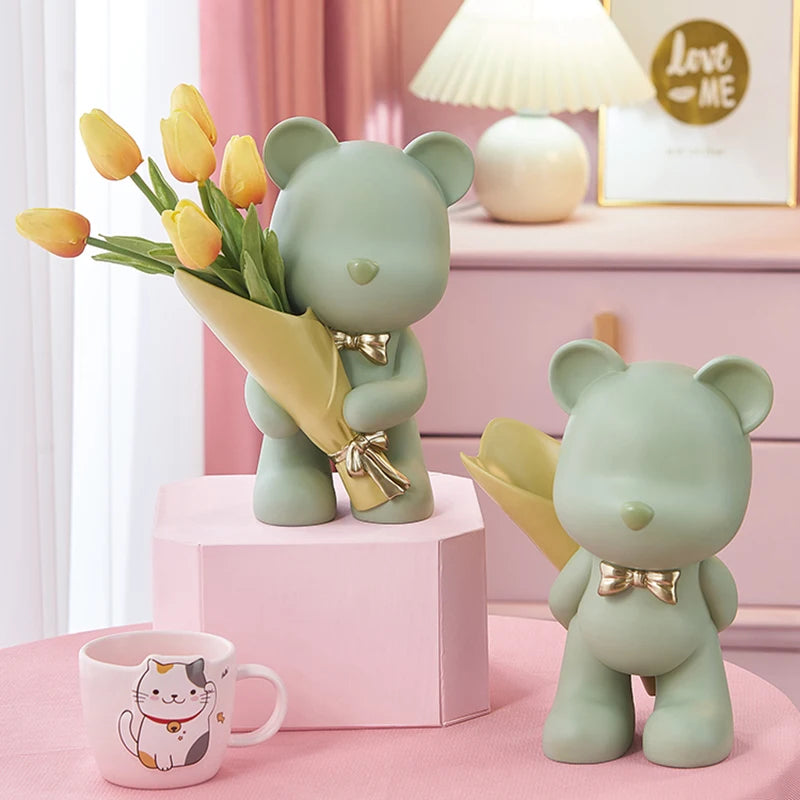 Bear Figurine Resin Flower Vase Modern Home Decor Vases Living Room Decoration Office Desk Accessories Wedding Decoration Gifts