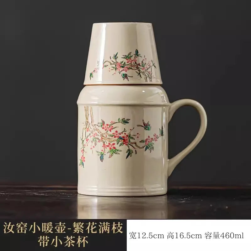 Chinese Style Teacup Set with Ruyao WanHua, Small Warm Pot, Lid Mug, Large Capacity Ceramic Hand Warmer, Travel Tea Pot + Cup