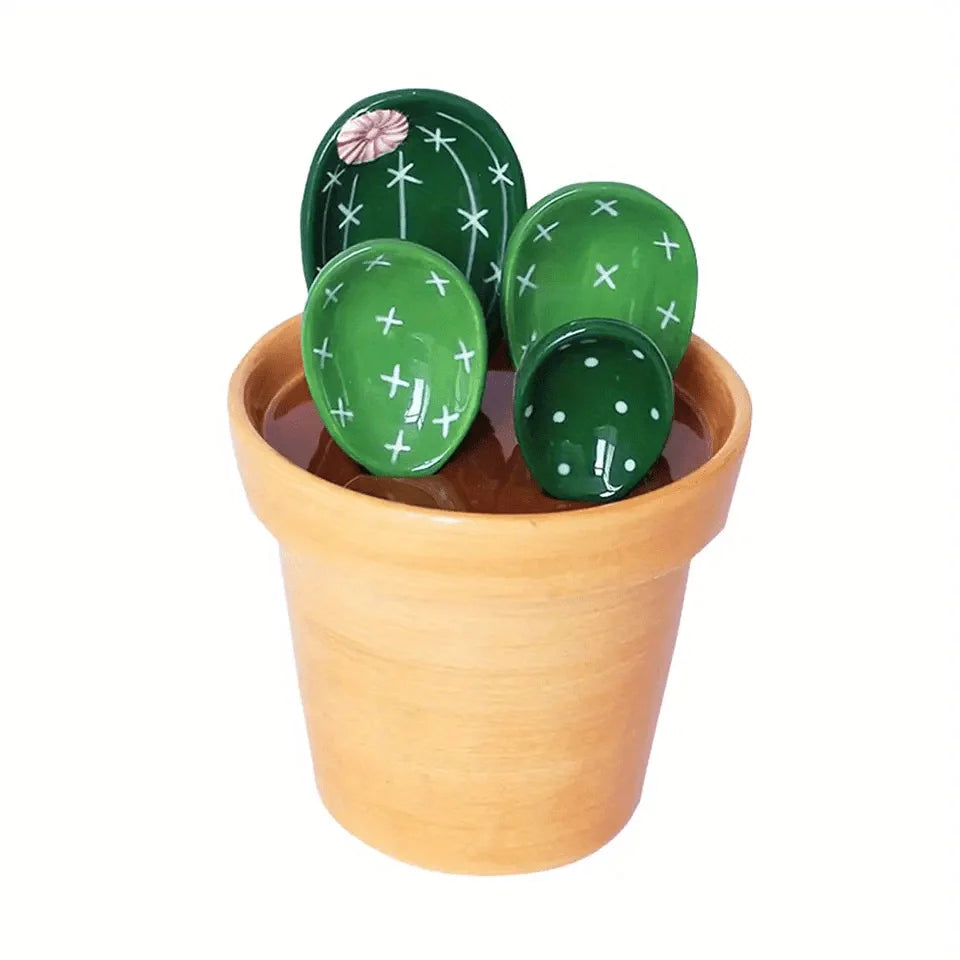 1set Ceramic Cactus Measuring Spoons Set Adorable Functional Kitchen Utensils with Holder Cup Unique Home Ornament Measuring Cup