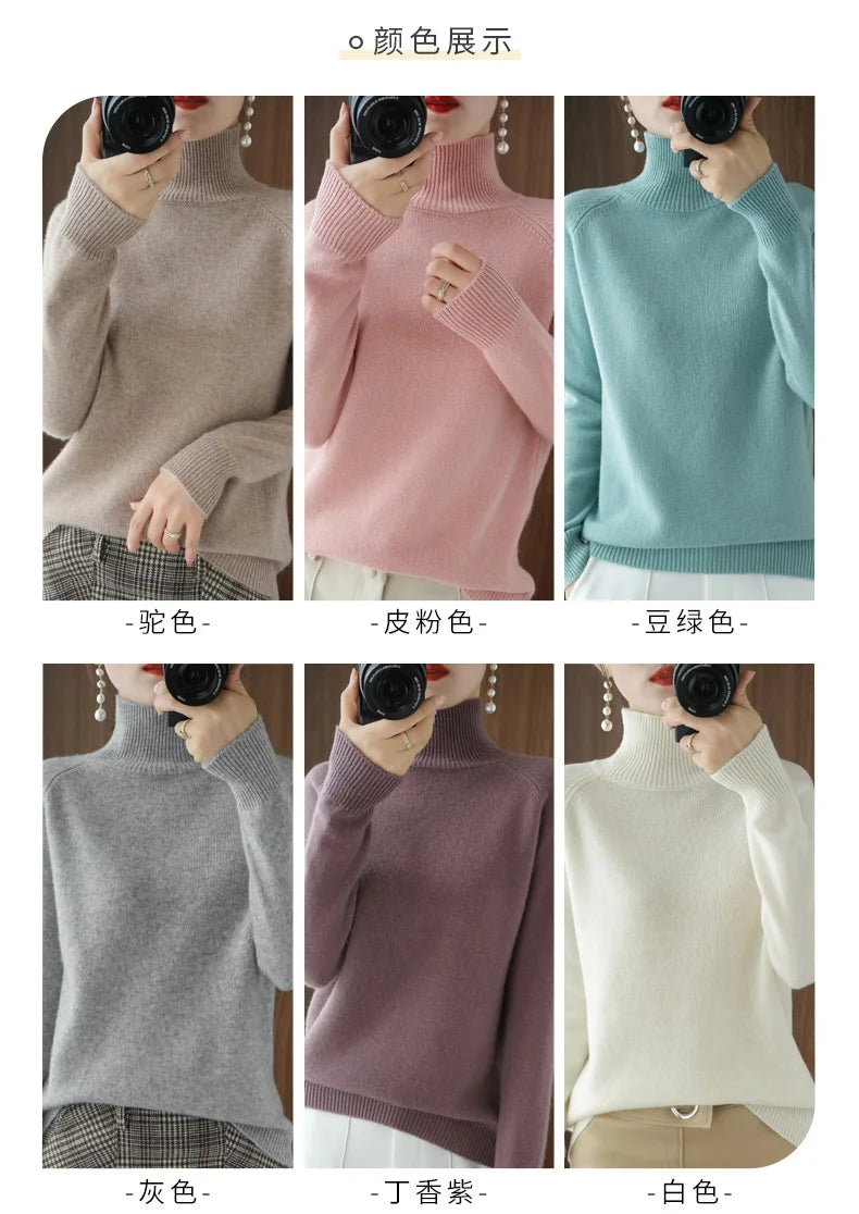 Fashion Basic Autumn Winter  Merino Wool Sweater Mock Neck Cashmere Pullover  Solid Color Soft Long Sleeve Clothing Tops