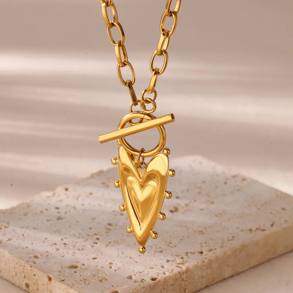 Punk Gold Color Heart Pendant Necklace for Women Stainless Steel OT Buckle Beaded Neck Chain Choker Y2K Jewelry Accessories