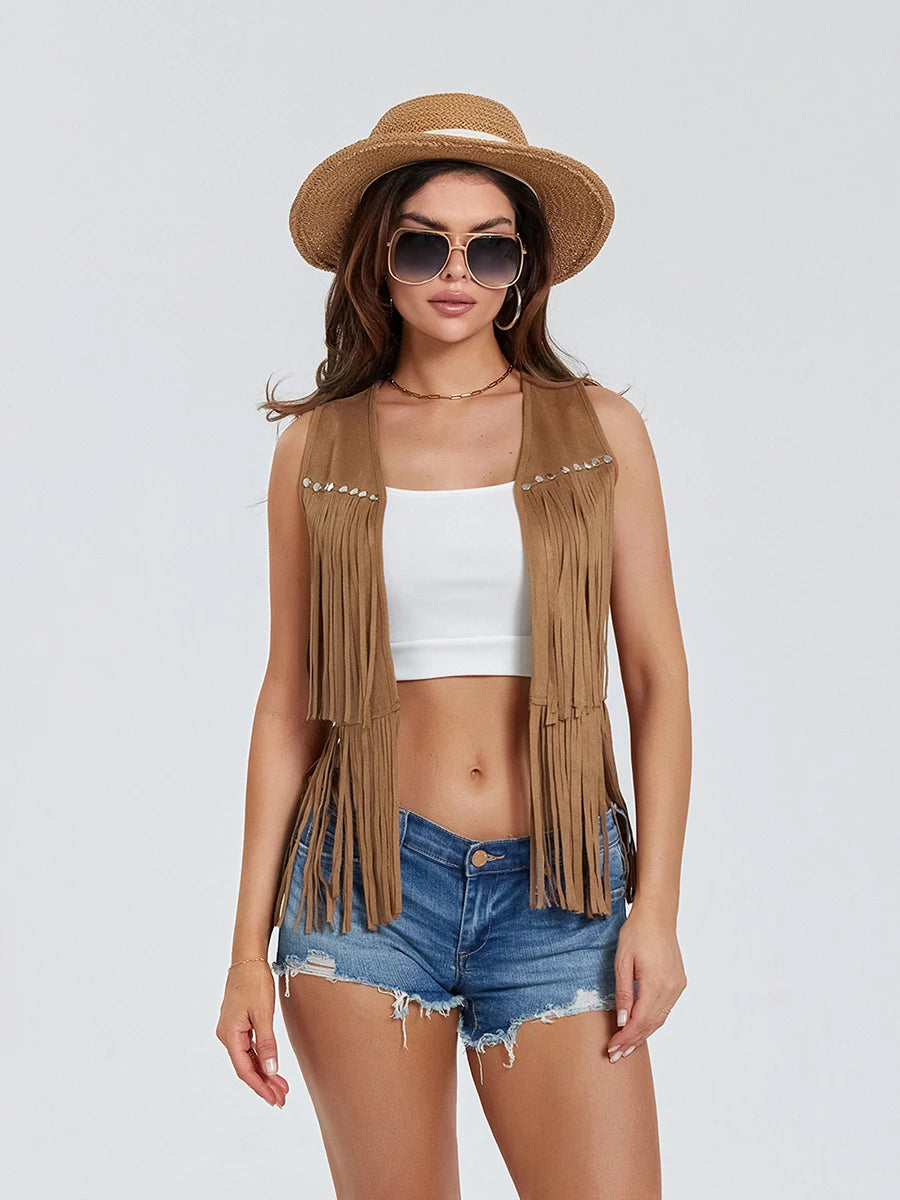 Women Fringe Vest Faux Suede Open Front Vintage Vest Sleeveless Hippie Clothes Boho Western Cowboy Style Short Jacket