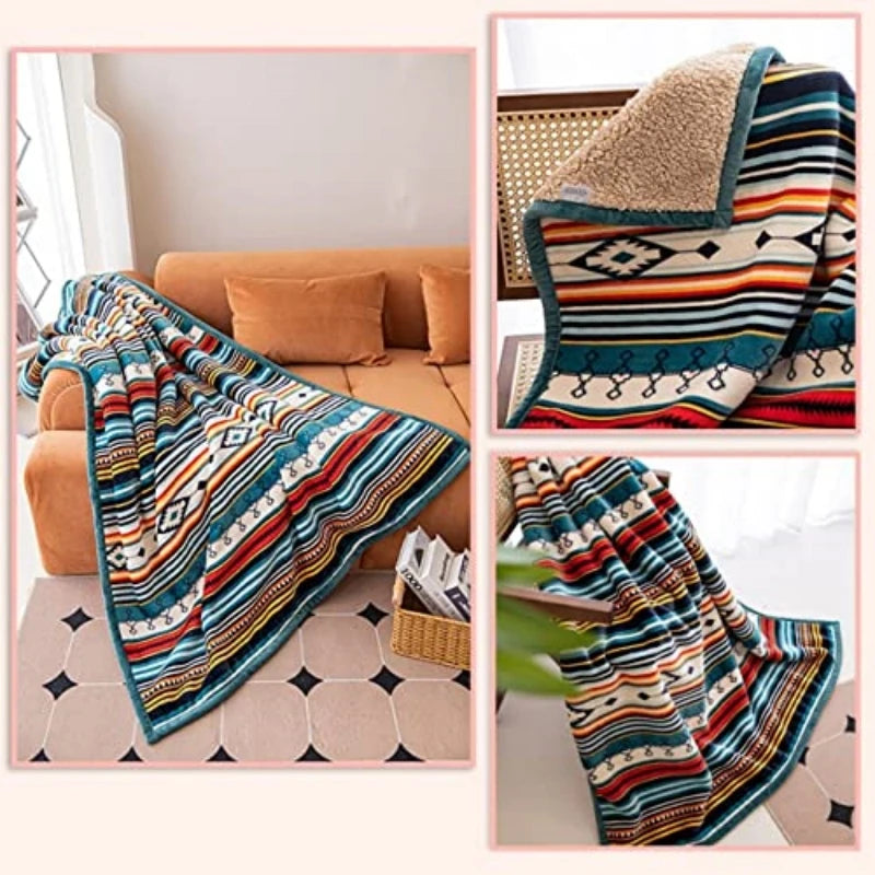 Lightweight Boho Sherpa Throw 50'' X 60'' Blanket - Bohemian Soft Plush Flannel Throw Stripe Blankets Luxury Family Bed