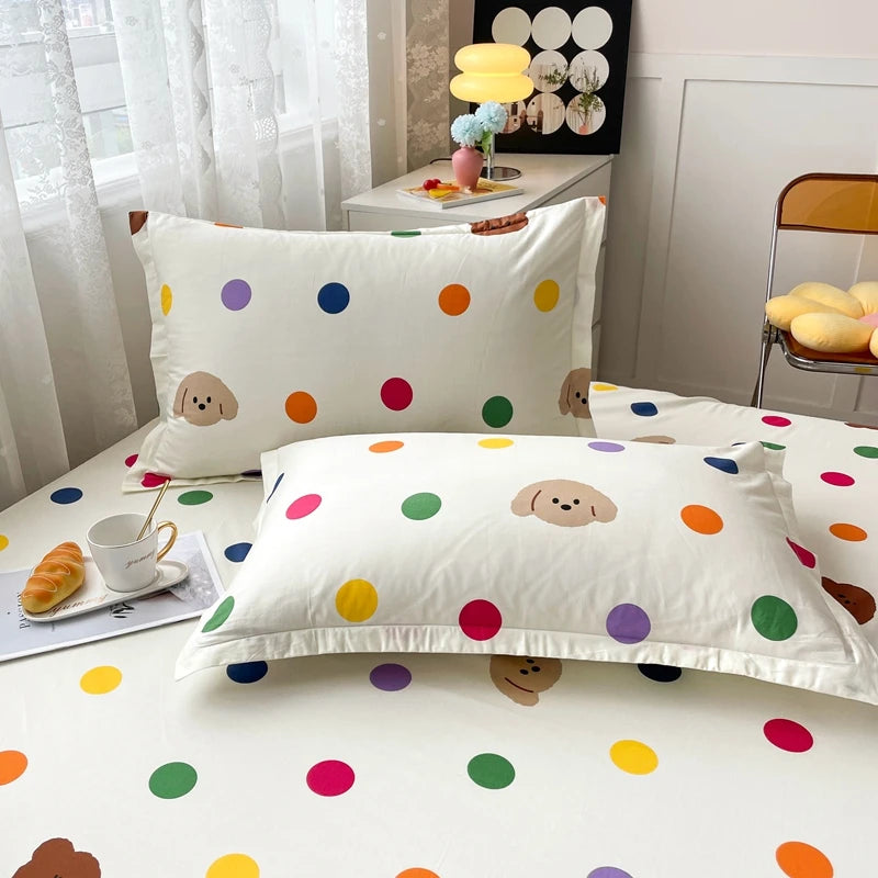 Colorful Polka Dot Cotton Duvet Cover Set with Zipper Cute Bear Bedding Sets for Men & Women, Luxury Reversible Comforter Covers