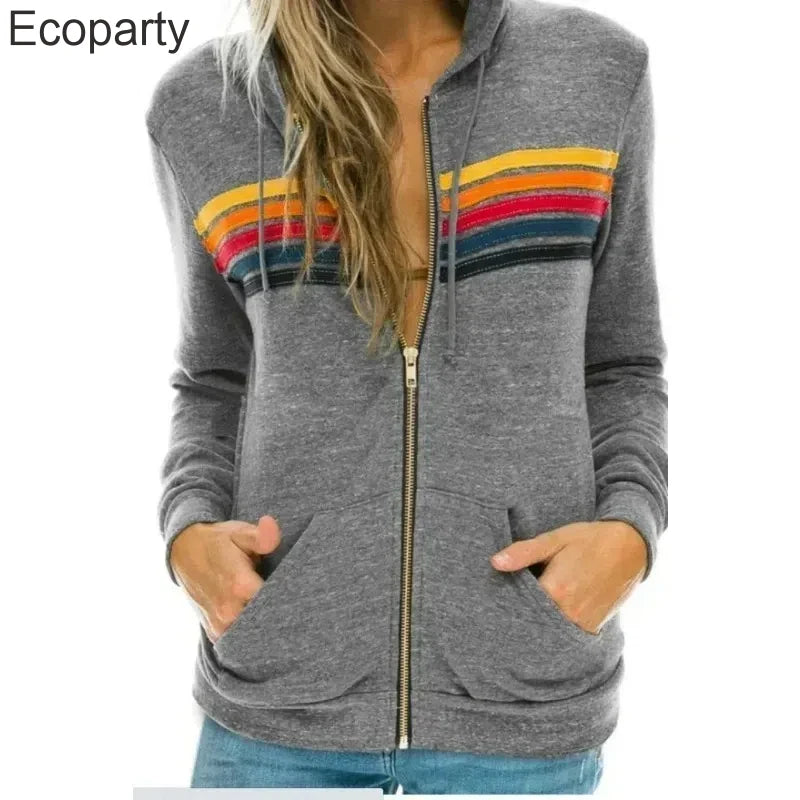 Autumn Unisex Women's Aviator Nation Long Sleeve Hooded Sweatshirts Casual Zipper 5 Stripe Rainbow Hoodies Jacket Coat