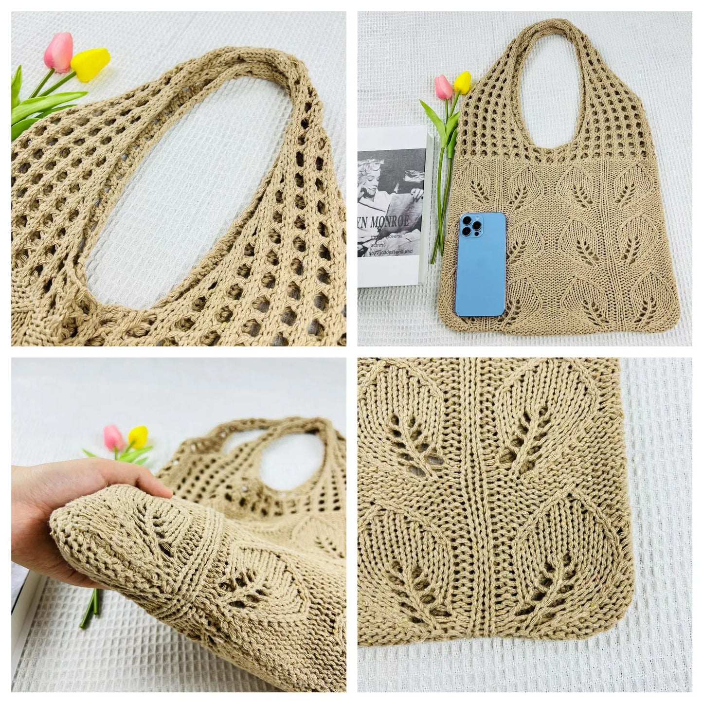 Knitted Handbags Beach Bags Lightweight Students Shoulder Casual Tote Female Style Shopping Woven Bags For Women Girls