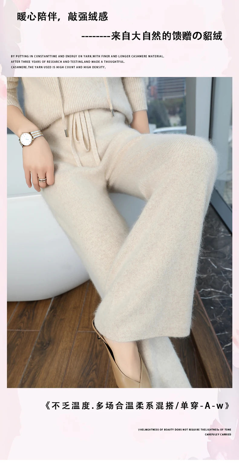 2024 Autumn/Winter New Mink Cashmere Wide Leg Pants for Women, Thickened, Warm, Loose, High Waist Strap up Vertical Casual Pants