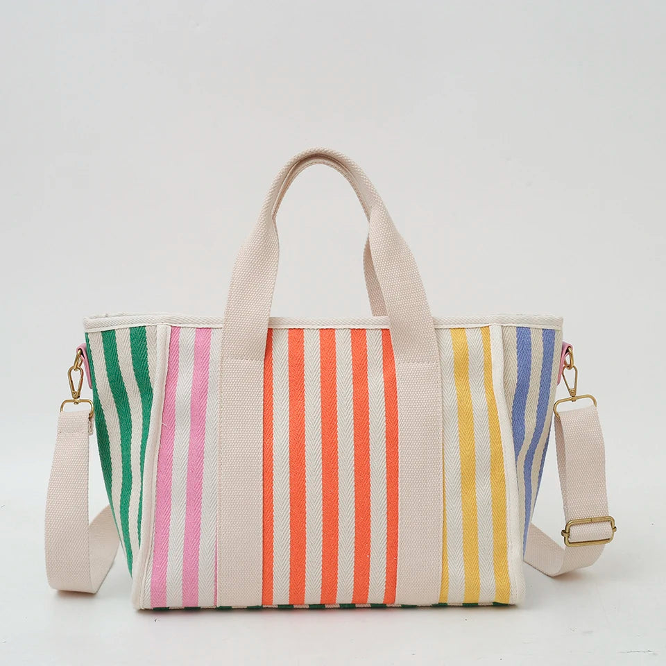 Summer Fashion Beach Bag Colorful Stripe Canvas Bag Handheld Tote Bag Women's Leisure Vacation One Shoulder Crossbody Bag-ll