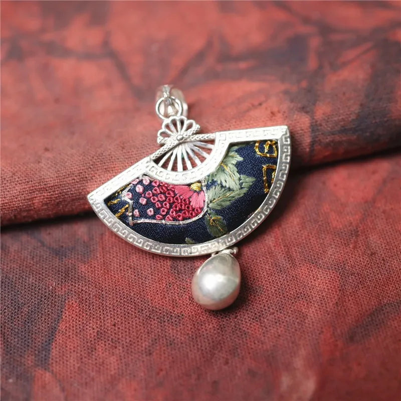 Vintage ethnic style embroidery, old embroidery, wax printing, fan-shaped silver pendant jewelry