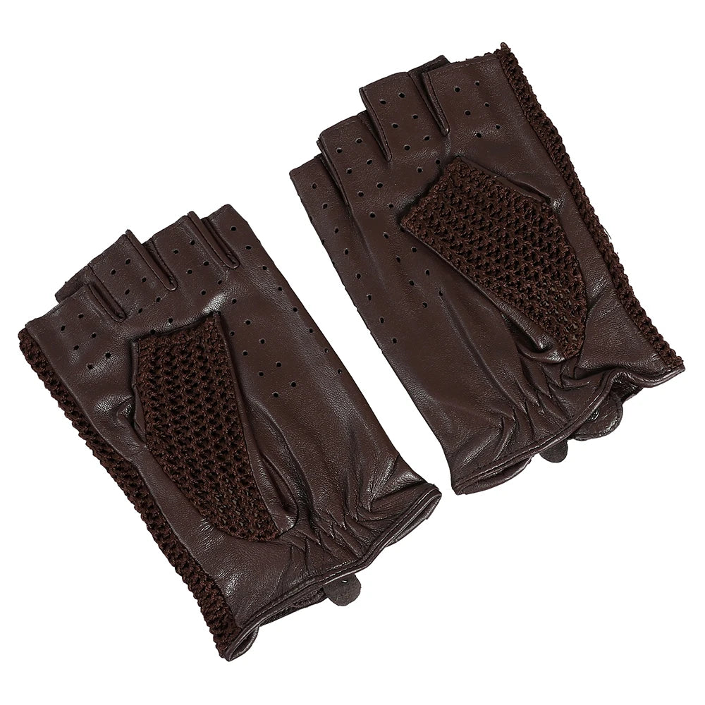 Men's Genuine Leather Driving Gloves motorcycle Fingerless Glove Sheepskin With Cotton Crochet