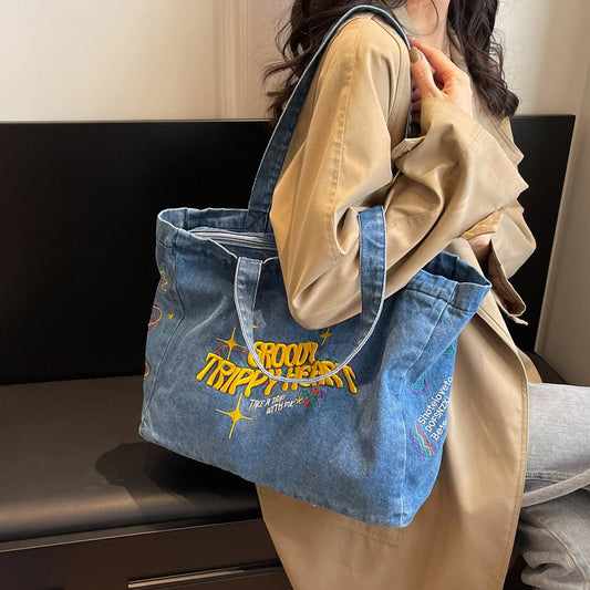 Denim Shoulder Bag Canvas Embroidered Letters Handbag Casual Travel Shopper Retro Hobo Bag Large Capacity Shoulder Underarm Bag Valentines Gift