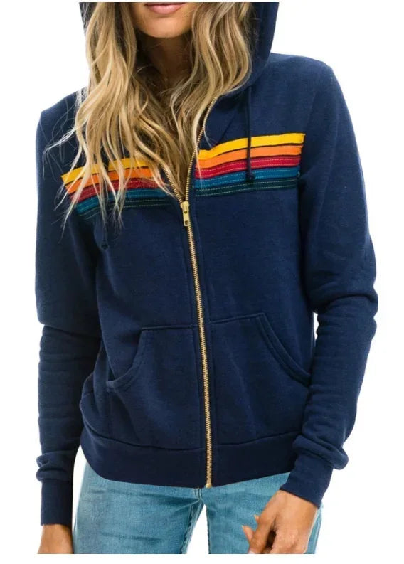 Autumn Unisex Women's Aviator Nation Long Sleeve Hooded Sweatshirts Casual Zipper 5 Stripe Rainbow Hoodies Jacket Coat