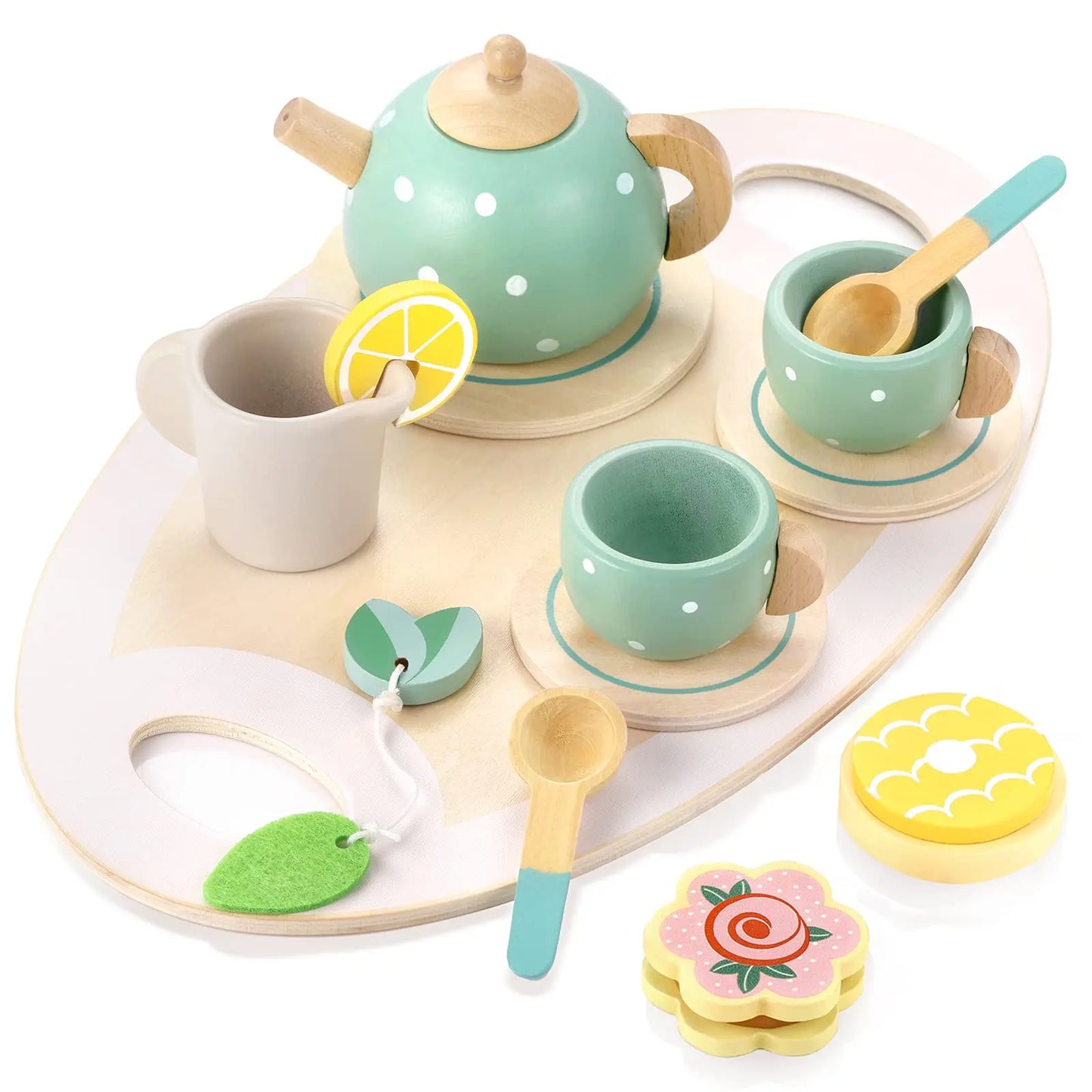 Wooden Kitchen Pretend Play Toy Tea Party Set for Little Girls Coffee Maker Set Cake Ice Cream Tea Playset for 3 4 5 6 Ages Girl