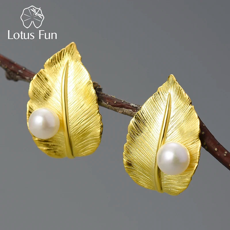 Lotus Fun 18K Gold Natural Pearl Unusual New Leaf  Stud Earrings for Women Original Real 925 Sterling Silver Luxury Fine Jewelry