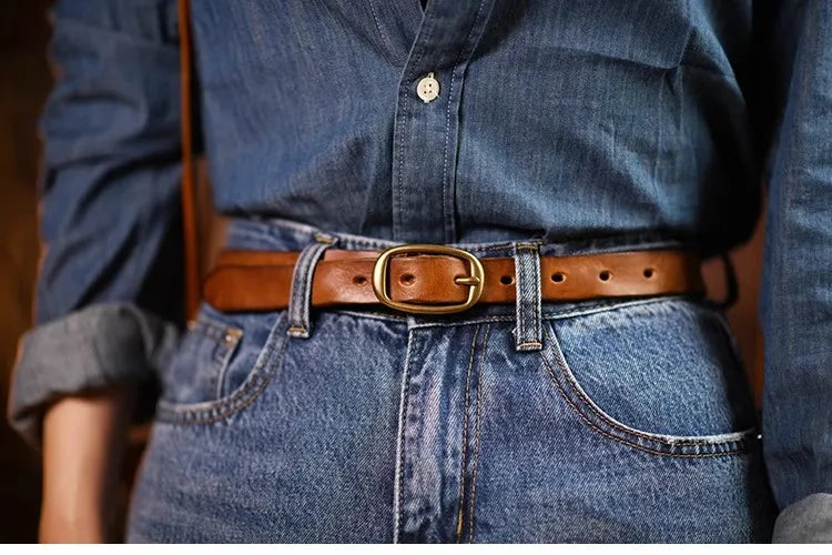 Retro Narrow Genuine Leather Women's Belt Pure Copper Button Western Cowboy Style Versatile Jeans Belt Fashion Luxury Women Belt