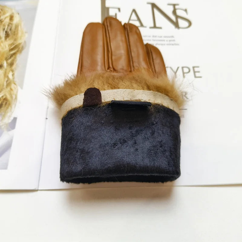 Women's sheepskin bow gloves with warm velvet lining and genuine leather driving gloves