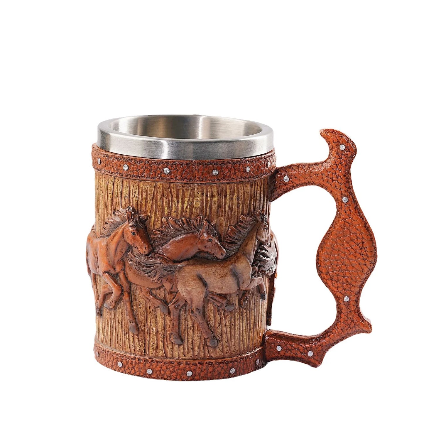 3D Handmade Beer Mug Wood Stainless Steel Cup Running Horses Simulation Wooden Barrel Double Wall Vintage Bar Accessories