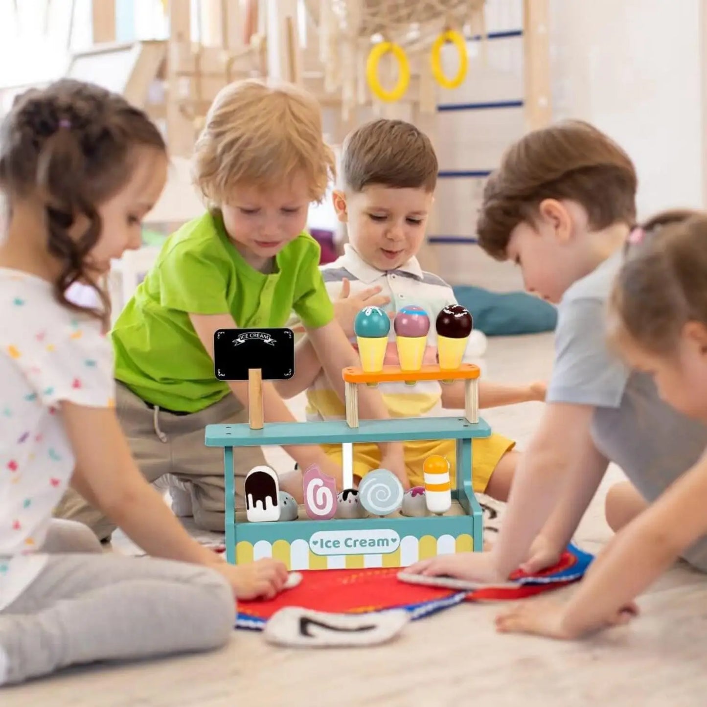 Kids Wooden Toy Ice Cream Counter Playset Tea Party Set Toy Montessori Pretend Play Kitchen Toy Role Play Game for Children Gift