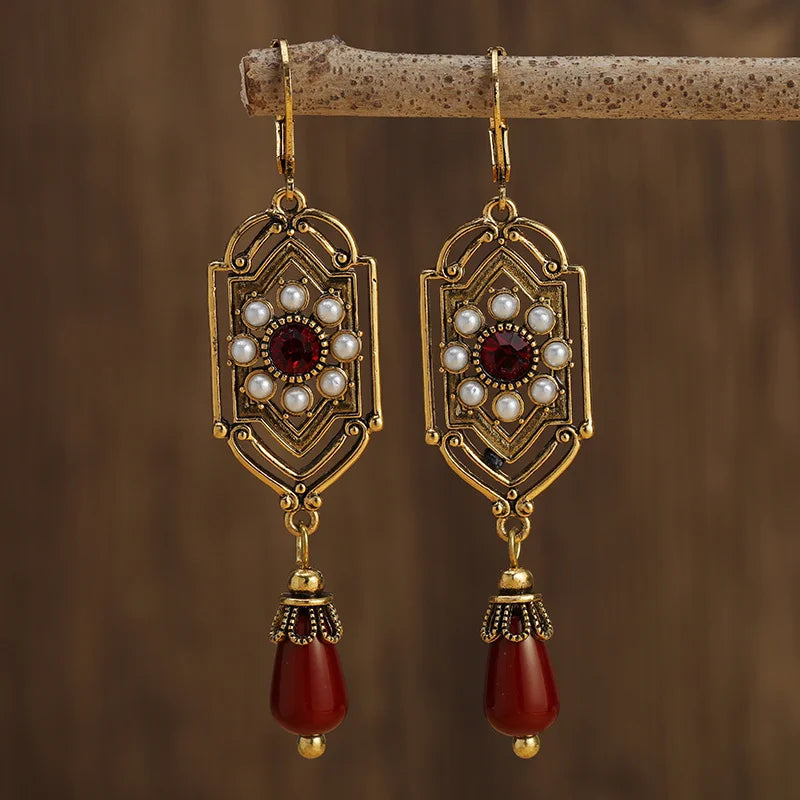 Boho Ethnic Geometric Waterdrop Stone Earrings Jewelry Gold Color Red Blue White Pearl Handmade Earrings For Women Girls Gift