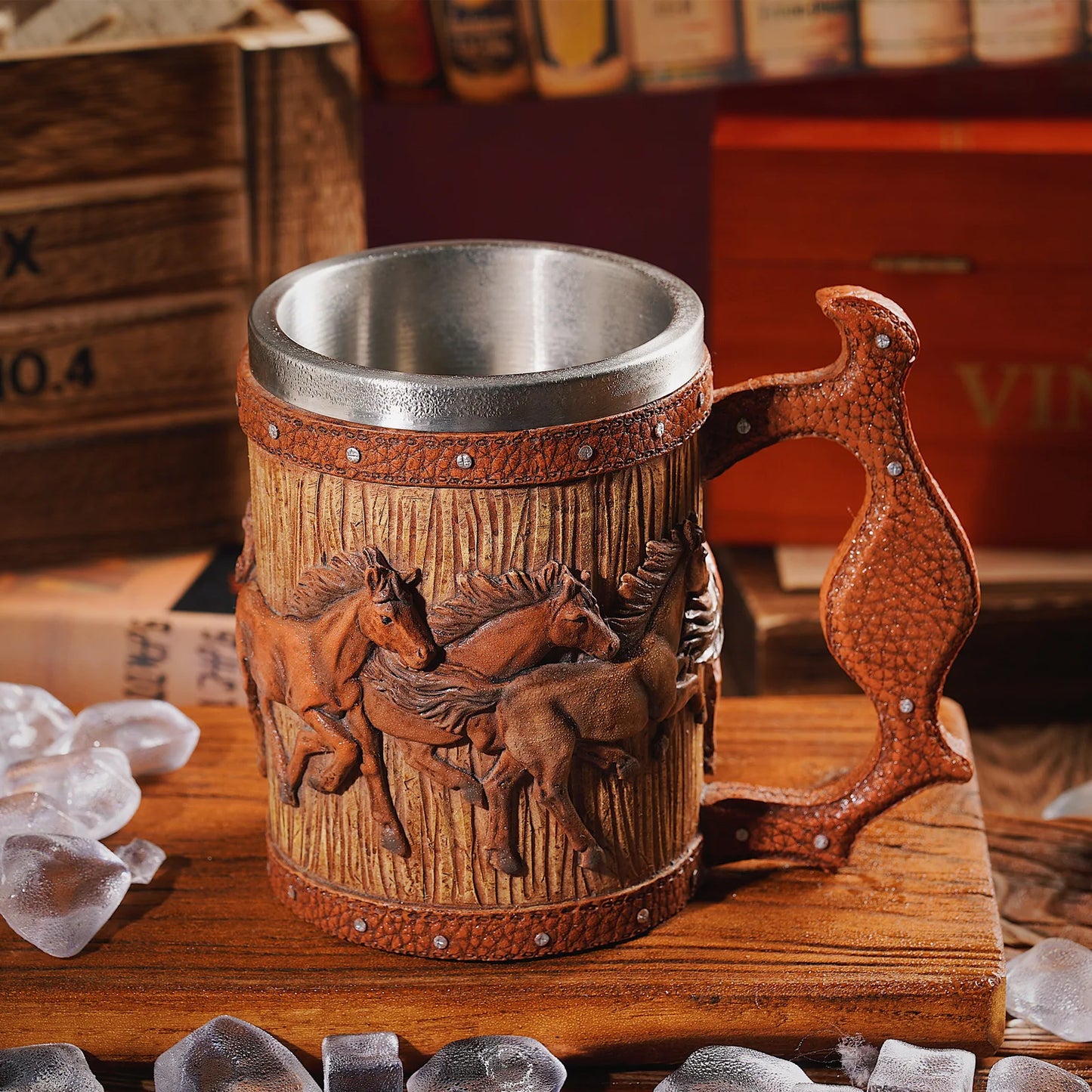 3D Handmade Beer Mug Wood Stainless Steel Cup Running Horses Simulation Wooden Barrel Double Wall Vintage Bar Accessories