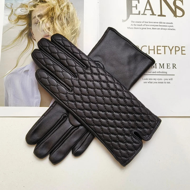 Women's sheepskin gloves with touch screen insulation and velvet lining for windproof riding and driving gloves