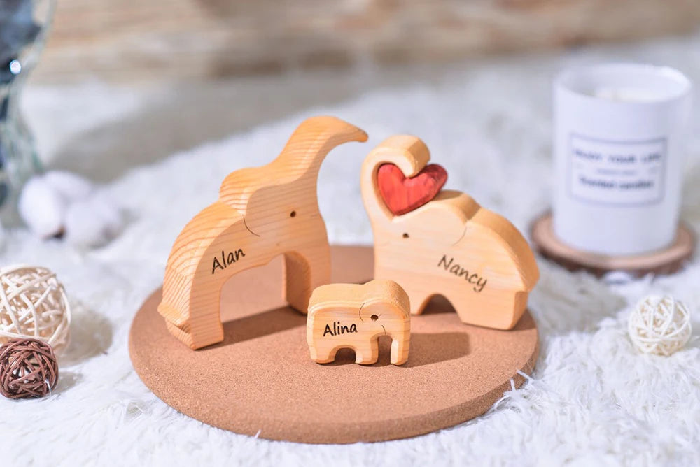 Personalized Elephant Family Wooden Puzzle Love Animal Wood Puzzle Custom Family Name Sculpture Free Engraving Decor Gifts Valentines Gift