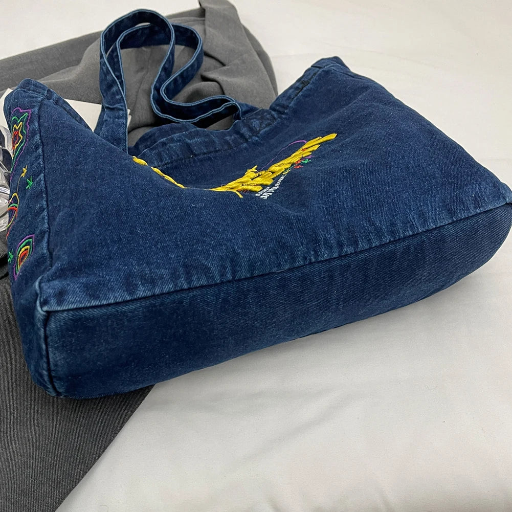 Denim Shoulder Bag Canvas Embroidered Letters Handbag Casual Travel Shopper Retro Hobo Bag Large Capacity Shoulder Underarm Bag Valentines Gift